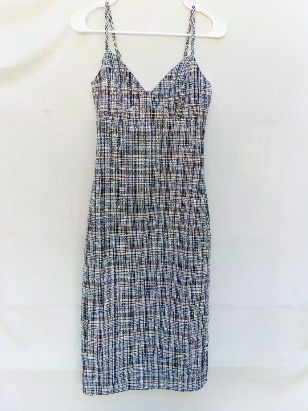 Le Lis Blue Plaid Tweed Spaghetti-Strap Midi Dress Fall Preppy Xs